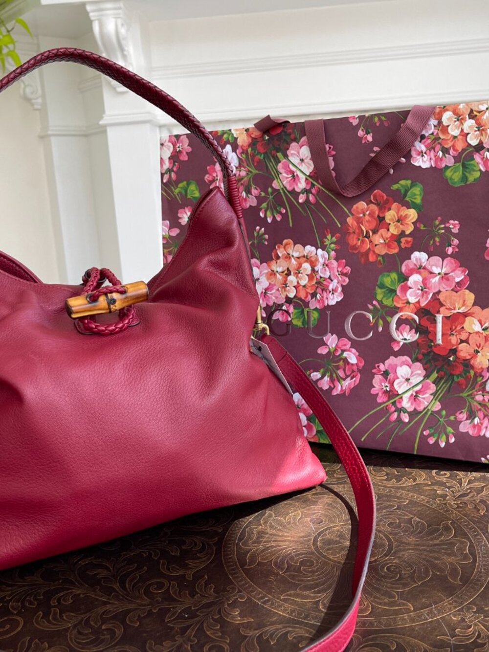 New Gucci Burgundy Leather Bamboo Handbag Large Shoulder Tote Bag